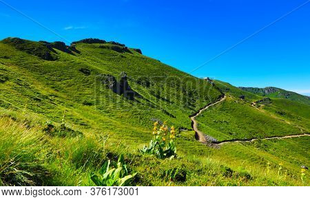 view of beautiful france mountain landscape- hiking trail, plomb du Cantal-Auvergne