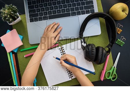 Child Studies From Home. Online Education.school Supplies Top View For Advertising And Promotional I