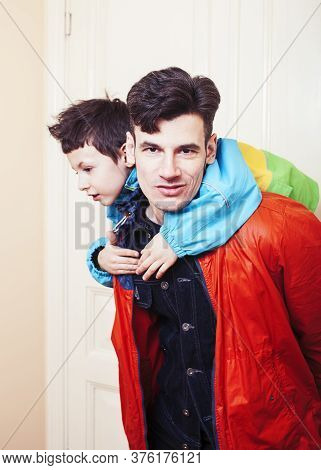 Faher And Son Together Having Fun At Home, Lifestyle Happy Family, People At Home