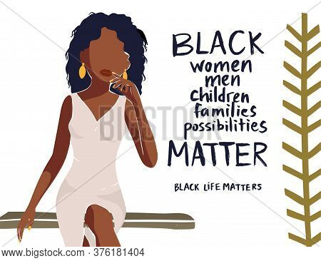 Beautiful African American Young Woman Vector Card. Fashion Female Poster With Hand Drawn Lettering 