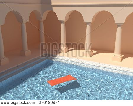 Courtyard with columns and swimming pool, conceptual art, 3D illustration, rendering.