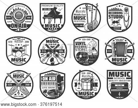 Musical Instruments And Sound Records Icons, Music Vinyl Store And Studio Vector Labels. Music Instr