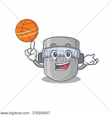 Sporty Cartoon Mascot Design Of Welding Mask With Basketball