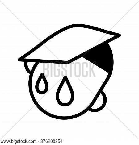 Sick Man With Wet Towel On His Head, Minimal Black And White Outline Icon. Flat Vector Illustration.