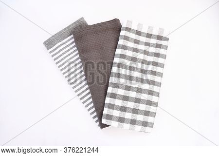 Top View New Kitchen Towels In Black Gray Strip And White Color Simple Pattern In Differnet Style On