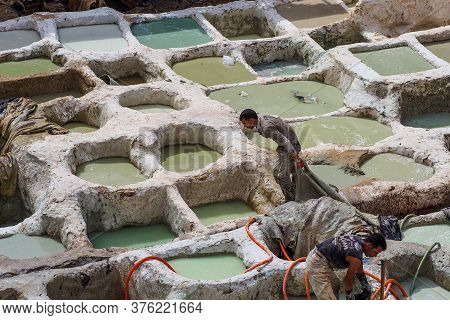 Fes, Morocco - Oct 15, 2019: Tanneries Of Fes, Morocco, Africa. Old Tanks Of The Tanneries In Fes Wi