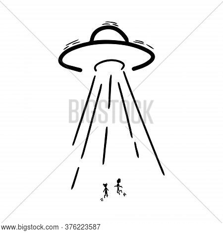 A Spaceship Kidnaps Little People. Illustration In Doodle Style. Unidentified Flying Object. Linear 