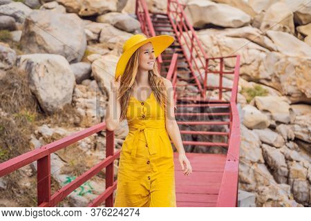 Traveler Woman Joy Fun Relaxing On Wood Bridge Looking Beautiful Destination Island. Tourism Natural