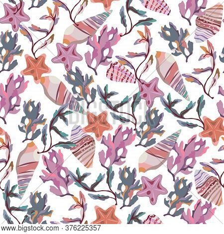 Seamless Vector Color Pattern With Shells. Hand Drawn мarine Background. Suitable For Greetings, Inv