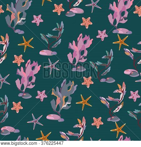Seamless Vector Color Pattern With Shells. Hand Drawn мarine Background. Suitable For Greetings, Inv