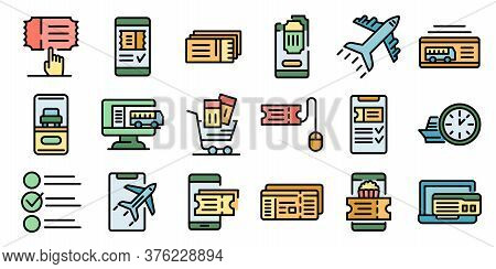 Online Tickets Booking Icons Set. Outline Set Of Online Tickets Booking Vector Icons Thin Line Color