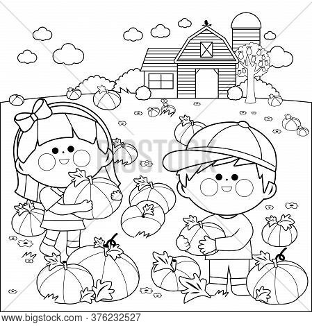Children At The Farm Picking Pumpkins At The Pumpkin Patch. Vector Black And White Coloring Page