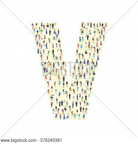 Large Group Of People In Letter V Form. People Font. Clean Vector Font. Vector