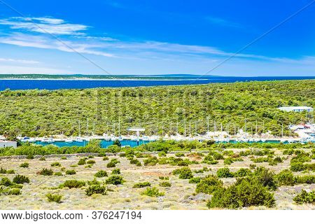 Croatia, Marina In Village Of Simuni On The Island Of Pag, Panoramic View