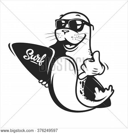 Cartoon Seal With Surf Board And Sunglasses, Aloha Vector Design