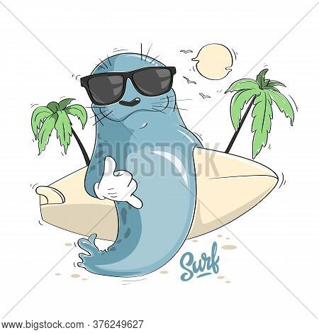 Cartoon Seal With Surf Board And Sunglasses, Aloha Vector Design