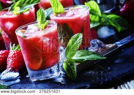 Traditional Brazilian Alcoholic Cocktail, Strawberry Caipirinha With Cachaca, Sugar Syrup, Lime, Min