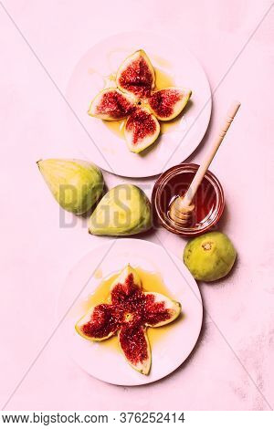 Sweet Fresh Green Figs With Honey, Summer Dessert, Gray Stone Background, Top View
