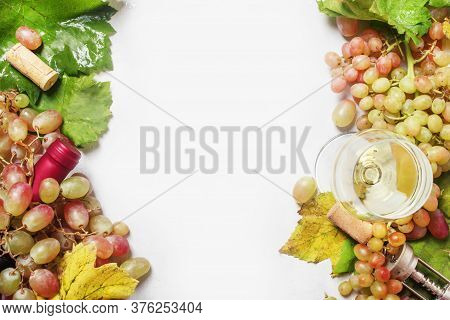 Dry White Wine In Glass And Bottle, Fresh Gpare, Frame, Drink Backround, Top View