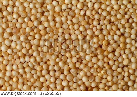 Macro Photo Couscous. Yellow Grains Of Wheat Grits, Cuscus, Semolina, Universal Porridge For Breakfa