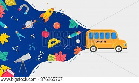 School Bus, Back To School Concept Illustration With Icons Of Supplies And Books. Vector Background 