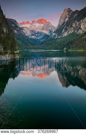 Gosausee, European Alps. Image Of Gosausee, Austria Located In European Alps At Summer Sunset.