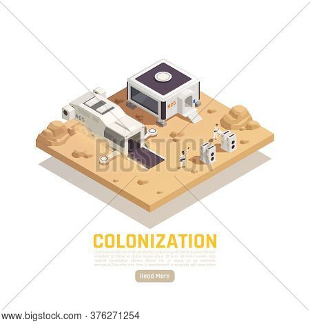 Space Colonization Terraforming Isometric Background With Editable Text Read More Button And People 