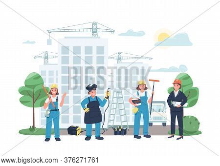 Construction Site Female Workers Flat Color Vector Detailed Characters. Builder And Welder With Work
