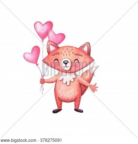 Cute Watercolor Fox With Pink Balloons For Holidays