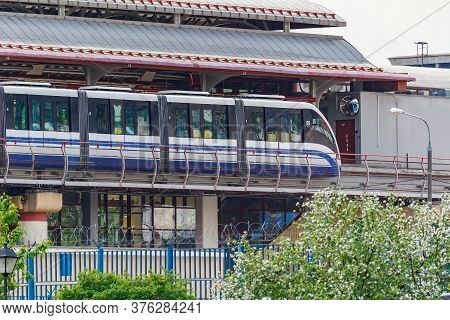 Moscow, Russia - May 12, 2019: Train Of Moscow Monorail Transport System On Telecentre Station In Su