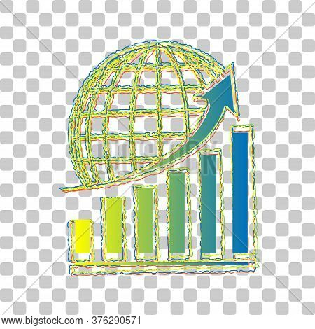 Growing Graph With Earth. Blue To Green Gradient Icon With Four Roughen Contours On Stylish Transpar