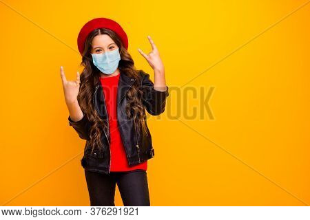 Portrait Of Her She Attractive Cool Naughty Healthy Long-haired Girl Wearing Safety Gauze Mask Stop 