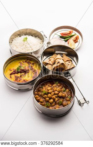 Indian Veg Lunchbox For Office Of Workplace With Chole, Dal Fry Rice And Chapati