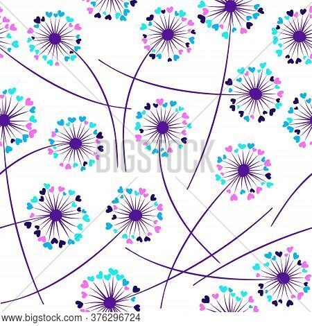 Dandelion Blowing Plant Vector Floral Seamless Pattern. Spring Flowers With Heart Shaped Petals. Dan