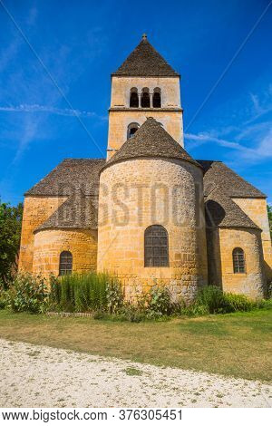 Saint-Leon-sur-Vezere; France - August 17; 2019: The Romanesque church (XIIth century), classified as a historical monument in Saint-Leon-sur-Vezere, Dordogne, France
