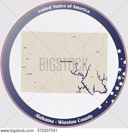 Round Button With Detailed Map Of Winston County In Alabama, Usa.