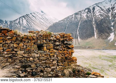 Ancient Stone Fortress On Mountain Background Near Karatkau Village, Kazbegi District, Mtskheta-mtia