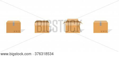 Carton Box Container Set. Package Delivery Parcel With Scotch And Fragile Sign. Open And Closed Cart