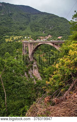 Mountain Landscape, Montenegro. Durdevica Tara Arc Bridge In The Mountains, One Of The Highest Autom