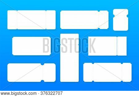 Set Of Blank Ticket Mockup Template. Realistic White Paper Coupon Isolated On Grey Background. Vecto