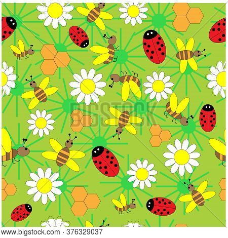 Seamless Pattern With Ladybug, Bees And Daisies