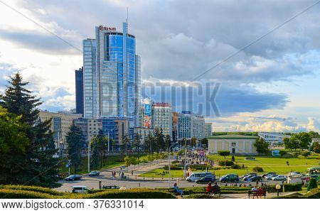 Minsk, Belarus - July 17, 2019: Skyline Of Minsk City Center, Road And Modern Architecture. Minsk - 