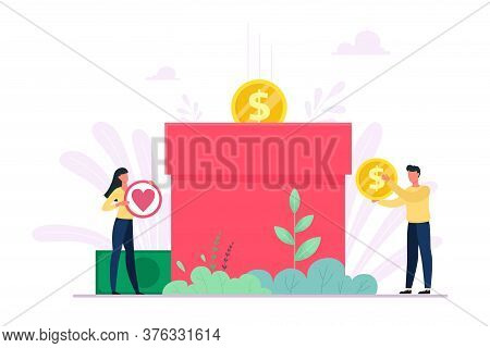 Donation And Charity Concept With Characters. Vector Illustration In Flat Style.