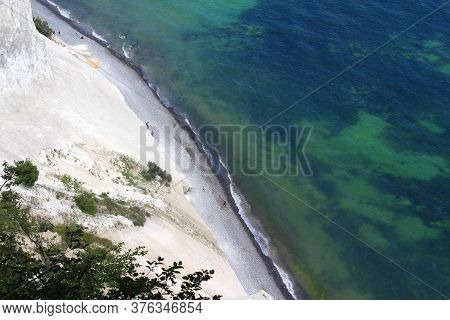 Aerial View Of The Beach And Turquoise Green Sea At Mons Klint, Denmark.