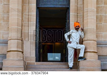 Jodhpur, Rajasthan, India, 2020. Guard With Imposing Mustache In Front Of A Gate In Umaid Bhawan.