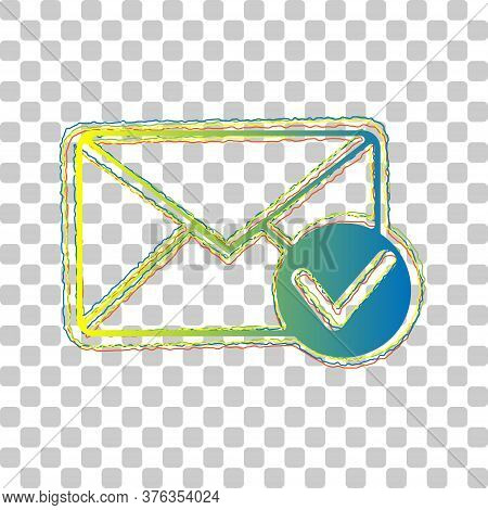 Mail Sign Illustration With Allow Mark. Blue To Green Gradient Icon With Four Roughen Contours On St