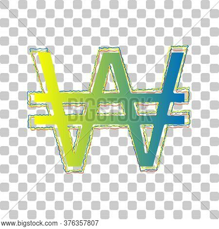Won Sign. Blue To Green Gradient Icon With Four Roughen Contours On Stylish Transparent Background. 