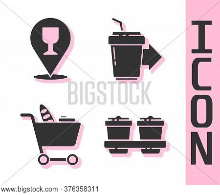 Set Coffee Cup To Go, Alcohol Or Beer Bar Location, Shopping Cart And Food And Coffee Cup To Go Icon