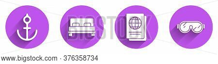 Set Anchor, Big Bed, Passport And Ski Goggles Icon With Long Shadow. Vector