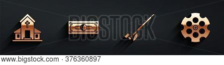 Set Church Building, Stacks Paper Money Cash, Native American Indian Smoking Pipe And Revolver Cylin